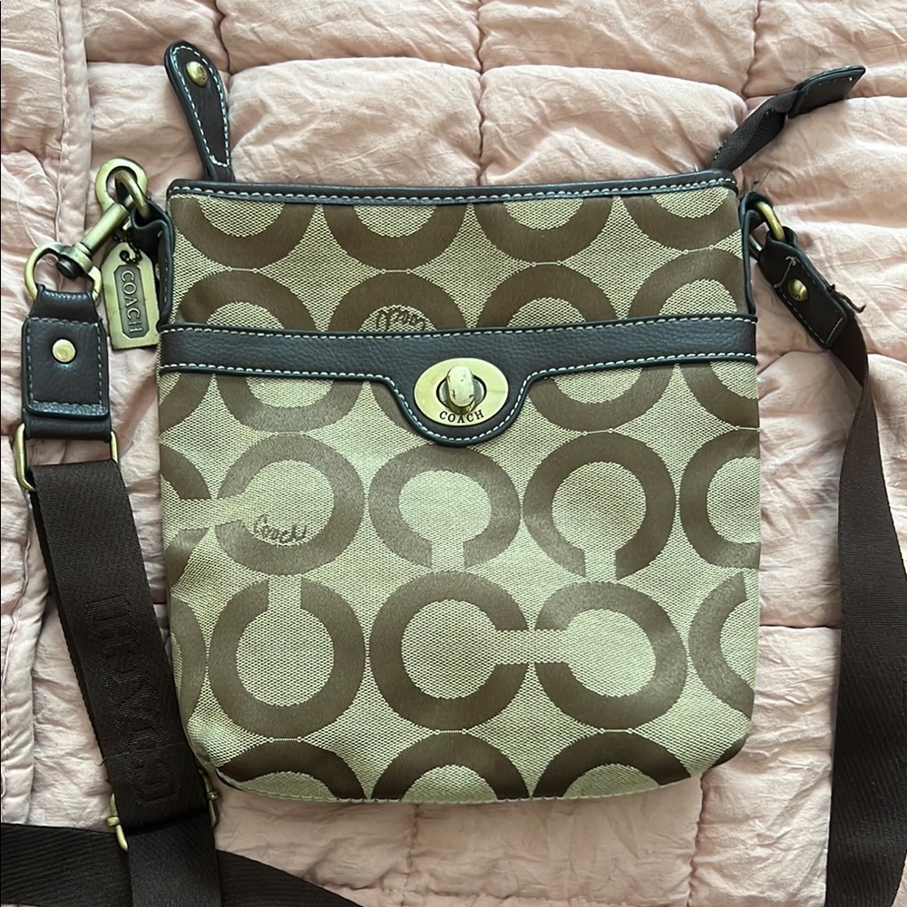 Coach Signature Brown and Cream Shoulder Bag